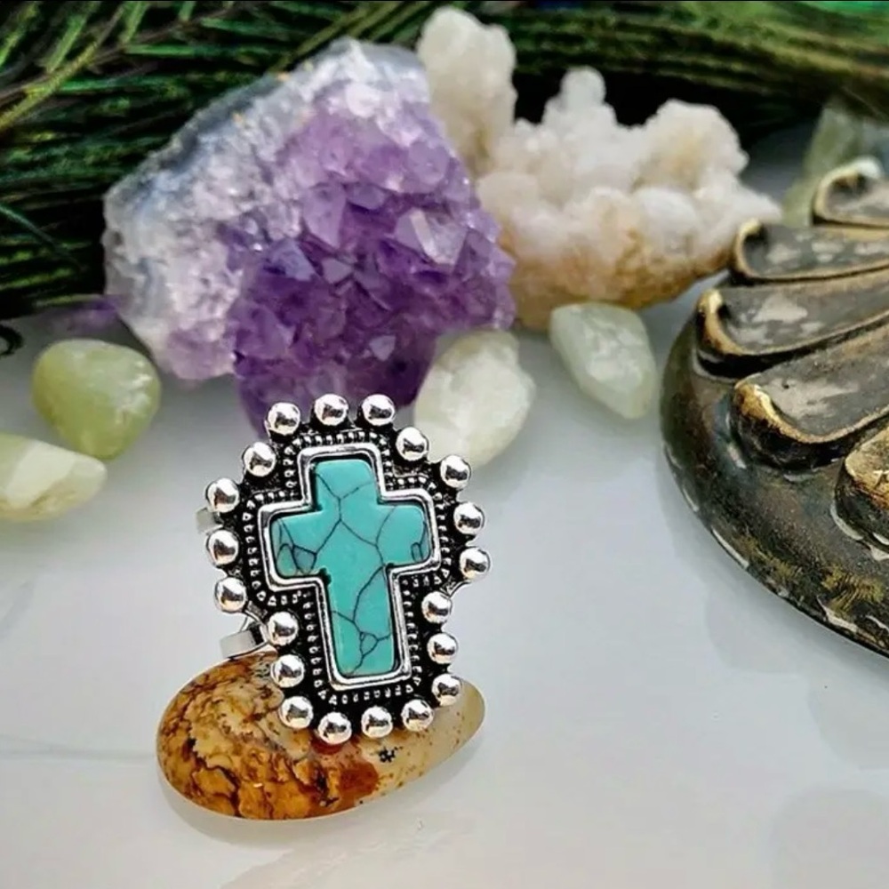 Turquoise and Silver Cross Ring - Picture 3 of 5